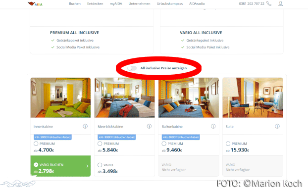 Buchungsmaske auf der AIDA Homepage AIDA ALL INCLUSIVE in Buchungsmaske auf der AIDA Homepage