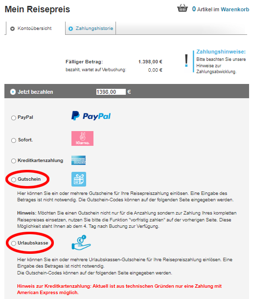 Screenshot Zahlungsmethode auswählen AIDA Gutschein einlösen - Screenshot Zahlungsmethode auswählen