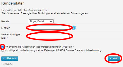 Screenshot Kundendaten angeben AIDA Gutschein einlösen - Screenshot Kundendaten angeben