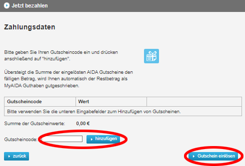 Screenshot Zahlungsdaten Gutschein AIDA Gutschein einlösen - Screenshot Zahlungsdaten Gutschein