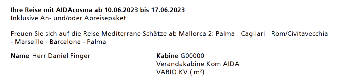 Auszug aus der Buchungsbestätigung AIDA Kabine G00000 - Auszug aus der Buchungsbestätigung