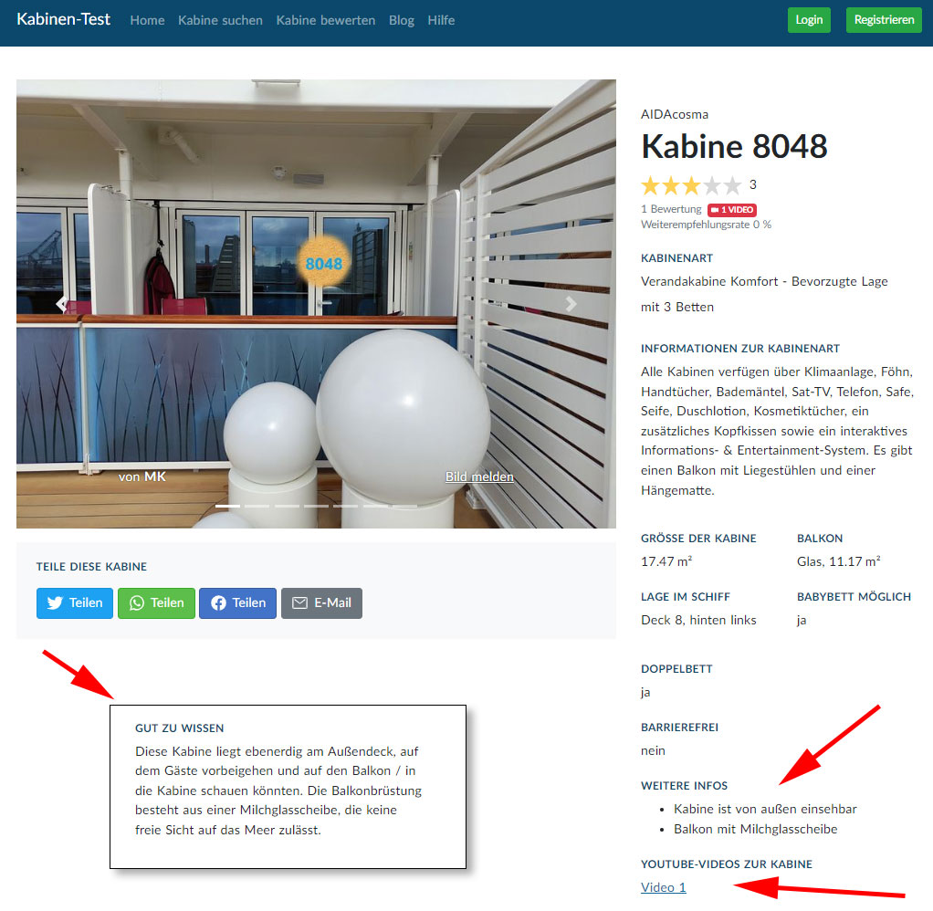 Kabine 8048 mit Videolink und Zusatzinfos Beispiel AIDAcosma Kabine 8048 mit Videolink und Zusatzinfos