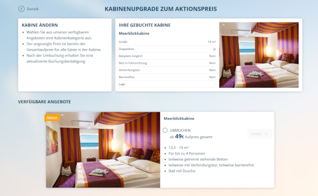 myAIDA Screenshot - Angebot Upgrade auf Meerblick AIDA Kabinen Upgrade - Angebot Upgrade auf Meerblick