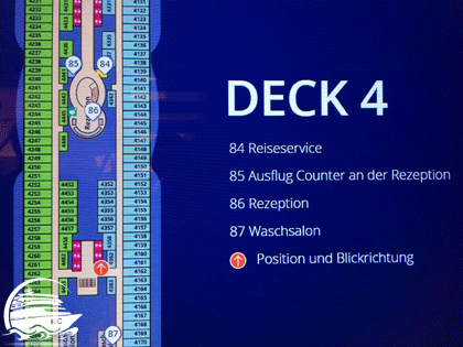 AIDA Deckplan Auszug Deck 4 Screenshot Auszug von Deck 4 mit eigener Position und Blickrichtung