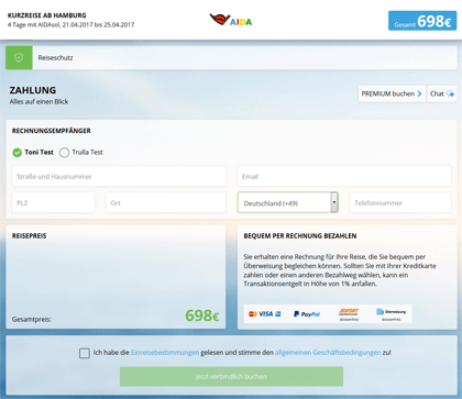 Neues Buchungssystem bei AIDA 9 AIDA - Neues Buchungssystem - Schritt 6 - Zahlung