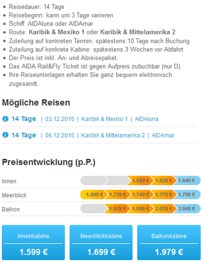 Bei diesem Just AIDA First Minute Angebot geht es entweder am 03.12. mit AIDAluna auf die Route Karibik & Mexiko 1 oder am 06.12. mit AIDAmar auf die Route Karibik & Mittelamerika 2. 